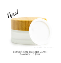 Load image into Gallery viewer, 3 NATURAL BAMBOO Caps on Premium FROSTED Glass 30mL Jars, w/ Sealing Liners, for Face Cream, Luxury Spa Cosmetic Packaging Containers