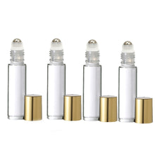 Load image into Gallery viewer, Essential Oil Rollers ON SALE! 12 LUXURY 10ml Clear Bottles w/ Shiny Gold Caps 1/3 Ounce Glass or Steel Rollers Premium Gold Aluminum Caps