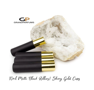 MATTE BLACK Matte 10ml Glass Essential Oil Roller Bottles w/ Steel or Glass Rollers SHiNY Gold, Black or White Caps 6 or 12 Units