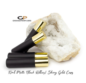 MATTE BLACK Matte 10ml Glass Essential Oil Roller Bottles w/ Steel or Glass Rollers SHiNY Gold, Black or White Caps 6 or 12 Units