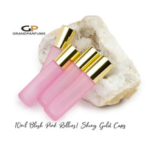 Load image into Gallery viewer, SALE! 12 BLUSH PiNK 10ml Glass Roller Bottle, Essential Oil Rollon w/ Glass or Steel Rollers Perfume Vials, SHINY Gold, White or Black Caps