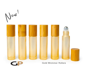 6Pcs GOLD SHiMMER 10ml Essential Oil Roller Bottles Natural BAMBOO Cap Steel, Glass or TigerEye GEMSTONE Rollerball | Sacral Chakra