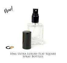 Load image into Gallery viewer, 6 ULTRA FLaT SQUARE Atomizer Bottles 10ml Clear LUXURY Glass Bottle, SiLVER, BlaCK or GoLD Caps Perfume Spray Bottles 1/3 Oz Essential Oil