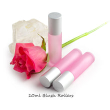 Load image into Gallery viewer, SALE! 3 BLUSH PINK 10ml Glass Roller Bottle, Essential Oil Rollon w/ Glass or Steel Rollers Perfume Vials, Gold Silver Matte/Shiny Caps