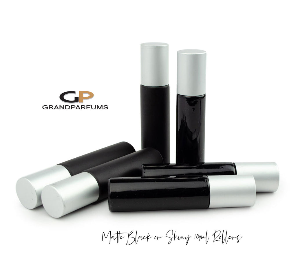 3 BLACK Matte or Shiny 10ml Glass Essential Oil Roller Bottles with Steel or Glass Rollers, Matte Silver, Matte Gold,  Black or White Caps