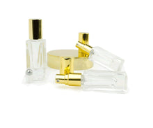 Load image into Gallery viewer, 1 LUXURY SQUARE 5ml Bottle, w/ Stainless Steel Roller or Perfume Atomizer Cap, Gold, Silver, White Caps