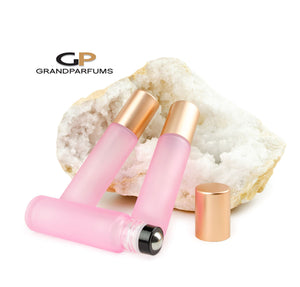 6 Pcs Blush Pink Frosted Bottles with ROSE GOLD Shiny or Matte (Light Copper) Caps, 10ml Glass w/ No-Leak Steel or Glass Rollers for Essential Oil