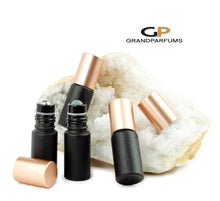 Load image into Gallery viewer, 6Pcs MATTE RoSE GoLD (Light Copper) or Shiny Caps, 5ml Glass Matte Black Bottles with No-Leak Steel or Glass Rollers! for Essential Oil