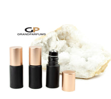 Load image into Gallery viewer, 6Pcs MATTE RoSE GoLD (Light Copper) or Shiny Caps, 5ml Glass Matte Black Bottles with No-Leak Steel or Glass Rollers! for Essential Oil