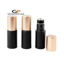 Load image into Gallery viewer, 6Pcs MATTE RoSE GoLD (Light Copper) or Shiny Caps, 5ml Glass Matte Black Bottles with No-Leak Steel or Glass Rollers! for Essential Oil