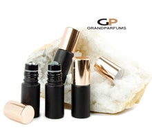 Load image into Gallery viewer, 6Pcs MATTE RoSE GoLD (Light Copper) or Shiny Caps, 5ml Glass Matte Black Bottles with No-Leak Steel or Glass Rollers! for Essential Oil
