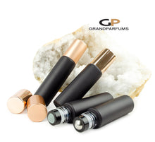 Load image into Gallery viewer, 6Pcs ROSE GOLD Shiny or Matte (Light Copper) Caps, 10ml Glass Matte Black Bottles with No-Leak Steel or Glass Rollers! for Essential Oil