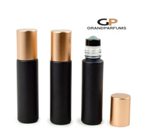 Load image into Gallery viewer, 6Pcs ROSE GOLD Shiny or Matte (Light Copper) Caps, 10ml Glass Matte Black Bottles with No-Leak Steel or Glass Rollers! for Essential Oil