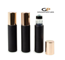 Load image into Gallery viewer, 6Pcs ROSE GOLD Shiny or Matte (Light Copper) Caps, 10ml Glass Matte Black Bottles with No-Leak Steel or Glass Rollers! for Essential Oil