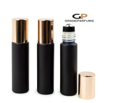 Load image into Gallery viewer, 6Pcs ROSE GOLD Shiny or Matte (Light Copper) Caps, 10ml Glass Matte Black Bottles with No-Leak Steel or Glass Rollers! for Essential Oil