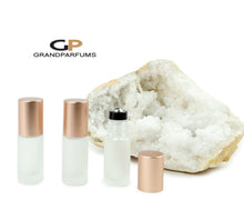 Load image into Gallery viewer, 6Pcs ROSE GOLD Shiny or Matte (Light Copper) Cap 5ml FROSTED Clear MiNI Glass Bottles w/ No-Leak Steel or Glass Rollers for Essential Oil