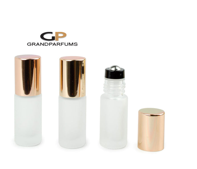 6Pcs ROSE GOLD Shiny or Matte (Light Copper) Cap 5ml FROSTED Clear MiNI Glass Bottles w/ No-Leak Steel or Glass Rollers for Essential Oil