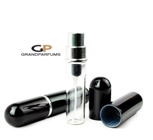 3 BLACK 5ml Fine Mist Glass Atomizer Bottles 5 ml w/ SILVER,  Black Lacquer Look, Spray Mist Perfume Cologne Travel Size Sample Packaging