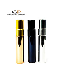 Load image into Gallery viewer, 6 UV Coated Glass 5ml Fine Mist Atomizer Bottles w/ Silver, Black and/or Gold Metallic Spray Mist Perfume Cologne Travel Size Sampling