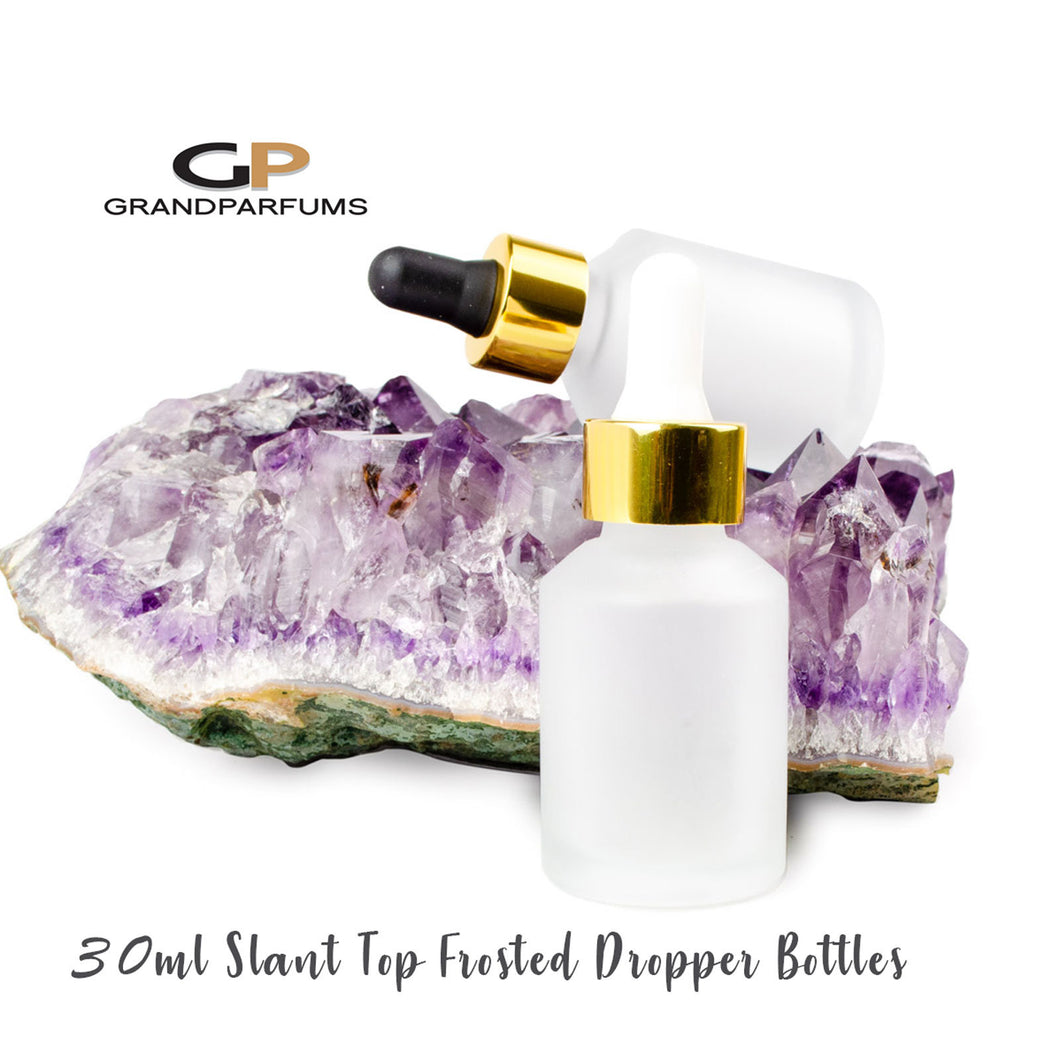 30ml FROSTED DROPPER SLOPING Slant Top Glass Bottles Empty Gold or Silver Cap Cylinder | Single