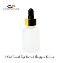 Load image into Gallery viewer, 30ml FROSTED DROPPER SLOPING Slant Top Glass Bottles Empty Gold or Silver Cap Cylinder | Single
