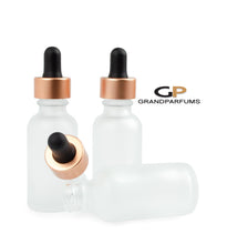 Load image into Gallery viewer, 6 COPPER (Matte Rose Gold) Droppers on FROSTED 30ml Glass Essential Oil Bottles UV Protection 1 Oz