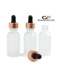 Load image into Gallery viewer, 6 COPPER (Matte Rose Gold) Droppers on FROSTED 30ml Glass Essential Oil Bottles UV Protection 1 Oz