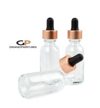 Load image into Gallery viewer, 6 COPPER (Matte Rose Gold) Droppers CLEAR 30ml Glass ESSENTiAL OiL Bottles Private Label Cosmetic Packaging 1 Oz