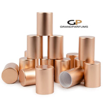 Load image into Gallery viewer, 48 ROSE GOLD! Roll On Bottle CAPS Upscale Metallic Lid for 5ml, 10ml Glass Roller Ball Bottles Light Rose Gold, Shiny or Matte Finish