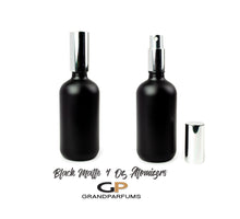 Load image into Gallery viewer, 3 MATTE SILVER Perfume Atomizers MaTTE Black 120ml Glass Bottle Essential Oil, Fine Mist Sprayer Upscale Aluminum Cap DIY Bath Body 120ml