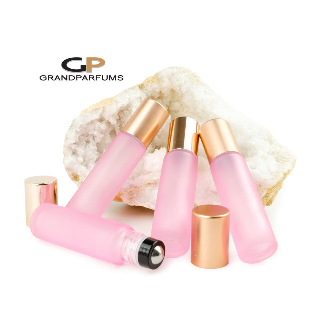 6 Pcs Blush Pink Frosted Bottles with ROSE GOLD Shiny or Matte (Light Copper) Caps, 10ml Glass w/ No-Leak Steel or Glass Rollers for Essential Oil