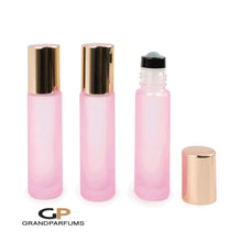 Load image into Gallery viewer, 6 Pcs Blush Pink Frosted Bottles with ROSE GOLD Shiny or Matte (Light Copper) Caps, 10ml Glass w/ No-Leak Steel or Glass Rollers for Essential Oil