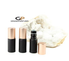 Load image into Gallery viewer, 6Pcs MATTE RoSE GoLD (Light Copper) or Shiny Caps, 5ml Glass Matte Black Bottles with No-Leak Steel or Glass Rollers! for Essential Oil