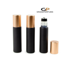 Load image into Gallery viewer, 6Pcs ROSE GOLD Shiny or Matte (Light Copper) Caps, 10ml Glass Matte Black Bottles with No-Leak Steel or Glass Rollers! for Essential Oil