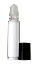 Load image into Gallery viewer, SALE! 12 Clear 10 ml ROLLeR BOTTLES, Essential Oil 10ml ROLL On Bottles White Caps, Empty refillable rollon Oils, Perfume Black , White Caps