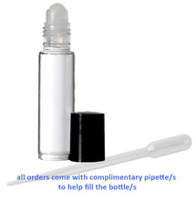 Load image into Gallery viewer, SALE! 12 Clear 10 ml ROLLeR BOTTLES, Essential Oil 10ml ROLL On Bottles White Caps, Empty refillable rollon Oils, Perfume Black , White Caps