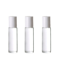 Load image into Gallery viewer, SALE! 12 Clear 10 ml ROLLeR BOTTLES, Essential Oil 10ml ROLL On Bottles White Caps, Empty refillable rollon Oils, Perfume Black , White Caps