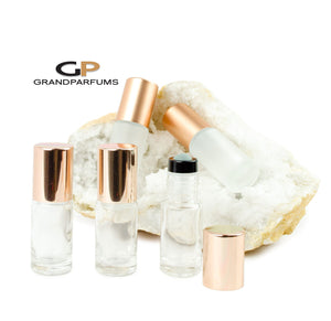 6Pcs ROSE GOLD Shiny or Matte (Light Copper) Cap 5ml FROSTED Clear MiNI Glass Bottles w/ No-Leak Steel or Glass Rollers for Essential Oil