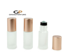 Load image into Gallery viewer, 6Pcs ROSE GOLD Shiny or Matte (Light Copper) Cap 5ml FROSTED Clear MiNI Glass Bottles w/ No-Leak Steel or Glass Rollers for Essential Oil