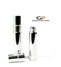 Load image into Gallery viewer, 6 UV Coated Glass 5ml Fine Mist Atomizer Bottles w/ Silver, Black and/or Gold Metallic Spray Mist Perfume Cologne Travel Size Sampling