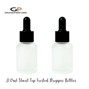 30ml FROSTED DROPPER SLOPING Slant Top Glass Bottles Empty SMOOTH White/Black Cap Cylinder | Single