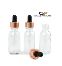 Load image into Gallery viewer, 6 COPPER (Matte Rose Gold) Droppers CLEAR 30ml Glass ESSENTiAL OiL Bottles Private Label Cosmetic Packaging 1 Oz