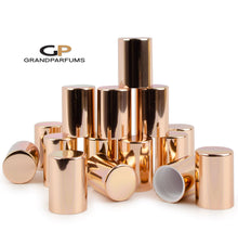 Load image into Gallery viewer, 12 ROSE GOLD! Roll On Bottle Caps Upscale Metallic Lid for 5ml, 10ml Glass Roller Ball Bottles Light Rose Gold Roll-on Topper