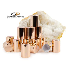 Load image into Gallery viewer, 48 ROSE GOLD! Roll On Bottle CAPS Upscale Metallic Lid for 5ml, 10ml Glass Roller Ball Bottles Light Rose Gold, Shiny or Matte Finish