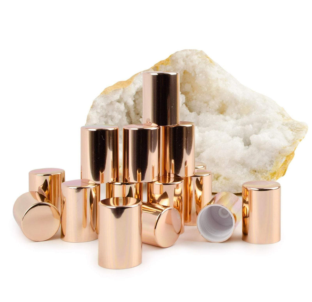 24 ROSE GOLD! Roll On Bottle CAPS Upscale Metallic Lid for 5ml, 10ml Glass Roller Ball Bottles FReE SHiPPiNG! Shiny or Matte Roll-on Caps