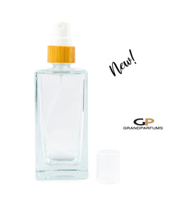 BAMBOO Spray Cap, Premium PERFUME & Essential Oil 100ml CUBIC Spray Bottles, 3.4 Oz Atomizer Empty Glass Fine Mist Spa and Luxury Branding