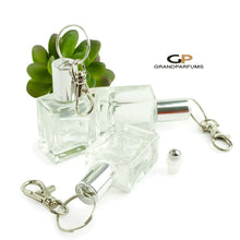 Load image into Gallery viewer, 3 SQUARE FLAT Luxury 10 ml KEYCHAIN Roller Bottles Essential Oil Rollers | Roll On Bottles Refillable 10ml Oil Roller Gold or Silver Cap