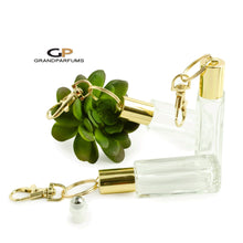 Load image into Gallery viewer, 3 SQUARE Keychain Roller Bottles 7.5 ml Essential Oil Rollers | Roll On Bottles Portable Refillable 7.5ml Oil RollerS Gold or Silver Cap