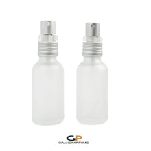 Load image into Gallery viewer, 30 ml OPAL WHITE Glass Porcelain Atomizer and/or Treatment Bottles Matte Silver Exposed Thread Caps,  1 Oz Volume, 30ml, Essential Oil