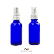 Load image into Gallery viewer, 6 Pcs 30 ml COBALT BLUE Glass Perfume Atomizer or Treatment Bottles Matte Silver 1 Oz